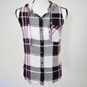 XOXO Plaid Sleeveless Hooded Button Down Top
